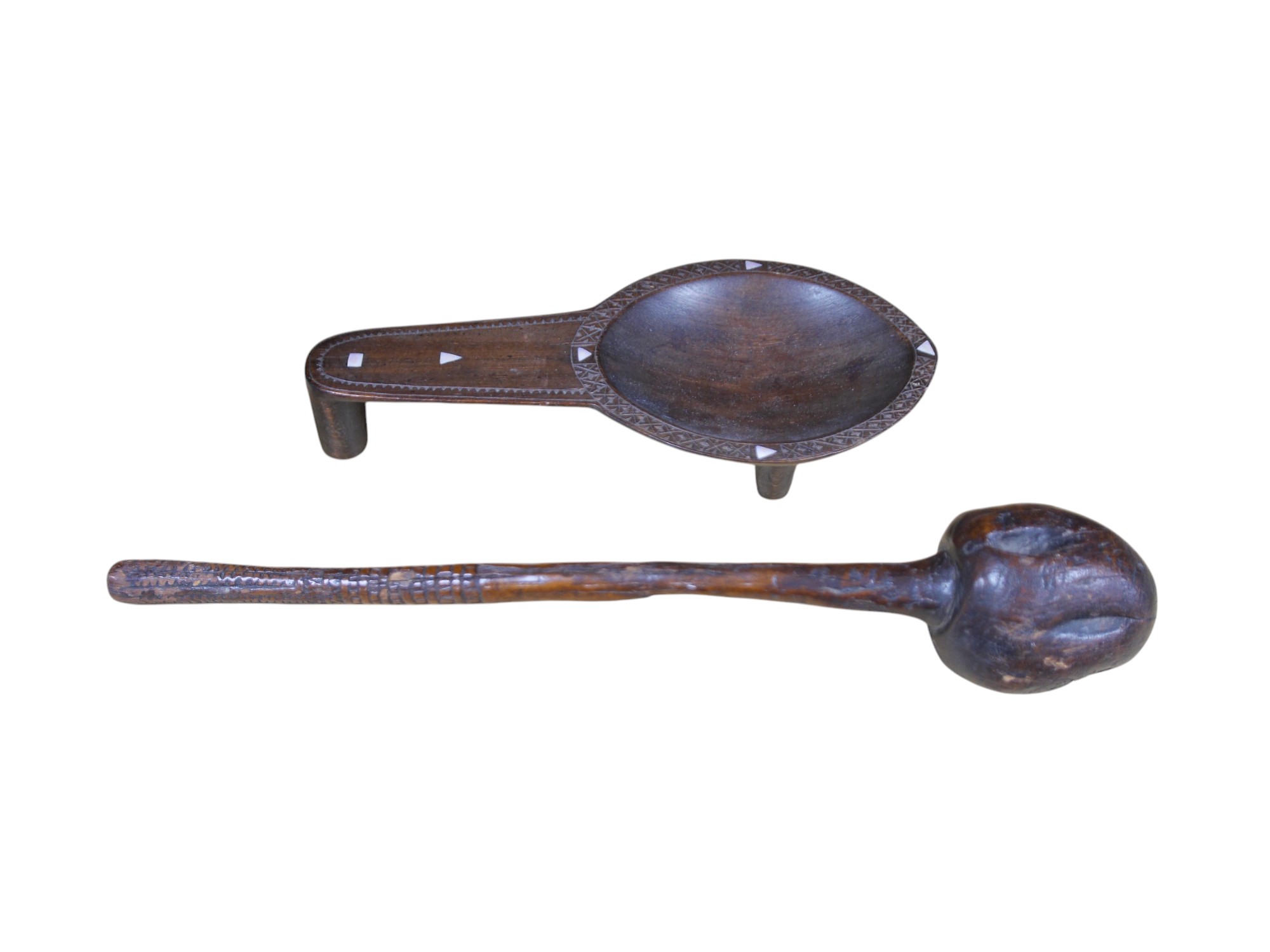 A Fijian throwing club, ula, and Fijian Kava oil bowl with mother of pearl inlay, largest 38cm in length. Condition - good